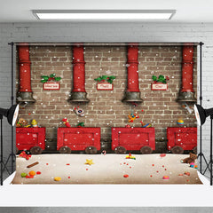 Aperturee - Red Train Gifts Brick Wall Christmas Photo Backdrop