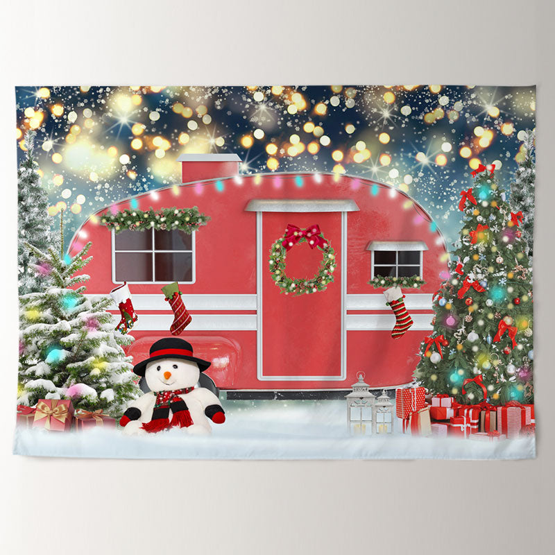 Aperturee - Red Truck Color Light Blur Snow Christmas Backdrop