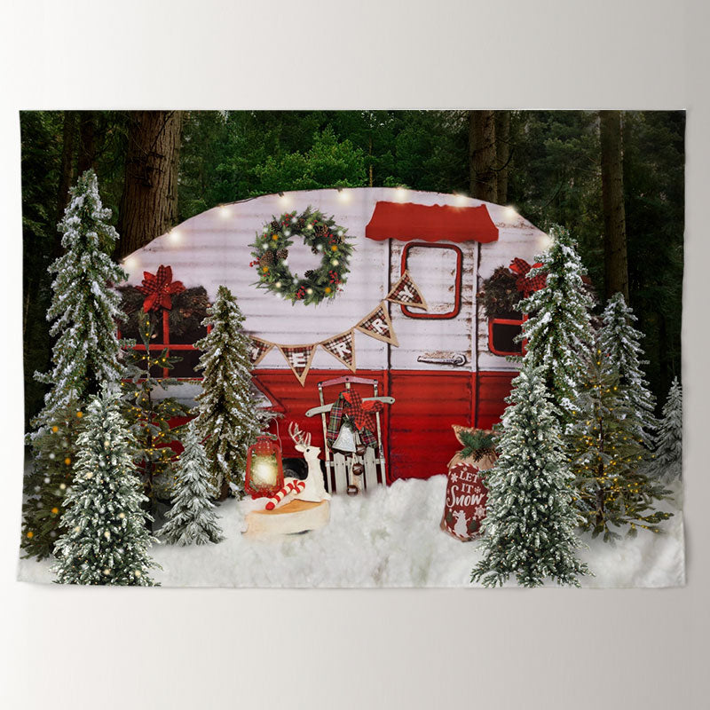 Aperturee - Red Truck In Jungle Light Snowy Christmas Backdrop