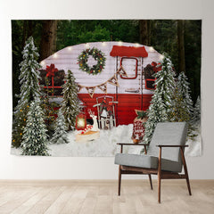 Aperturee - Red Truck In Jungle Light Snowy Christmas Backdrop