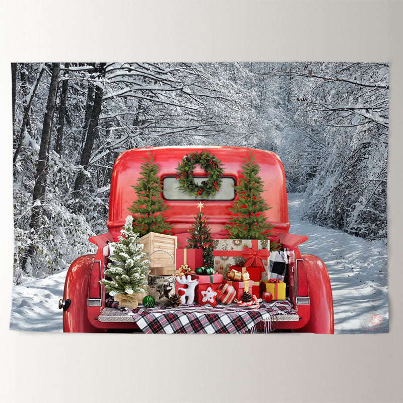 Aperturee - Red Truck In Snowy Forest Sunny Christmas Backdrop