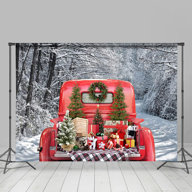Aperturee - Red Truck Snow Forest Photography Winter Backdrop