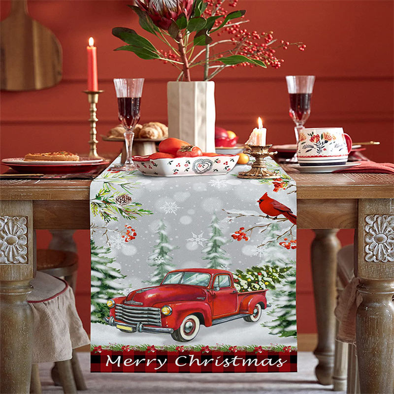 Aperturee - Red Truck Snowy Scene Forest Christmas Table Runner