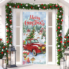 Aperturee - Red Truck Snowy Town Xmas Tree Christmas Door Cover
