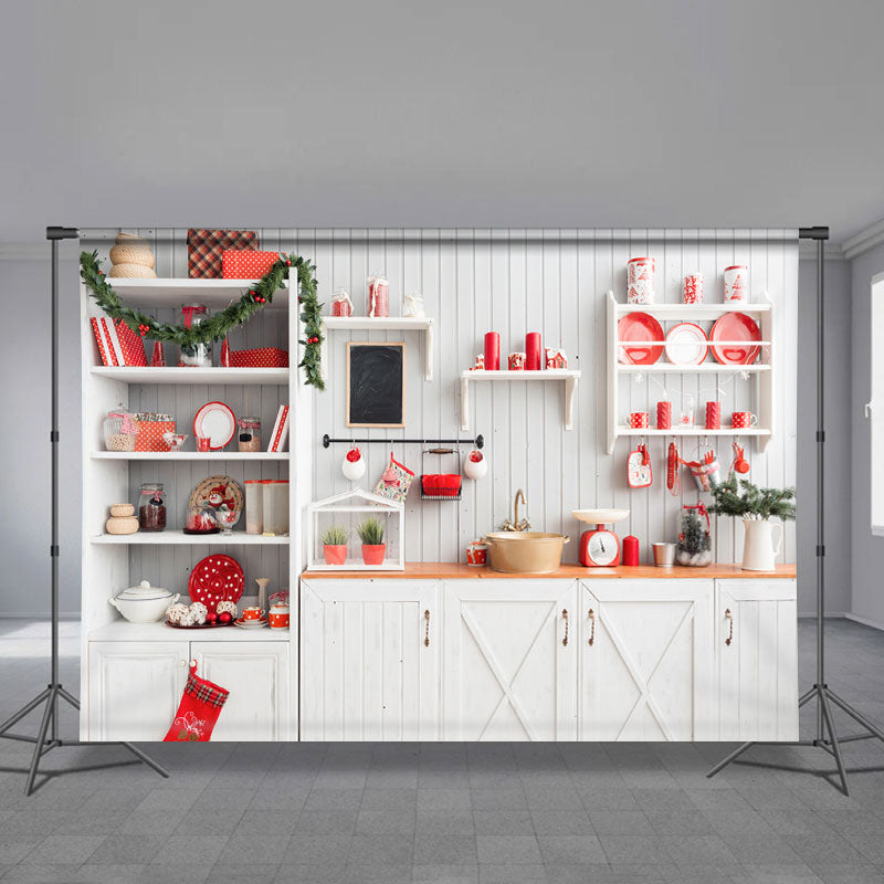 Aperturee - Red White Kitchen Family Photo Christmas Backdrop