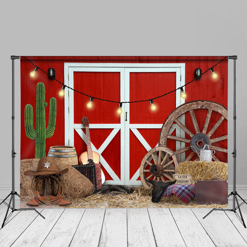Aperturee - Red Wooden Cowboy Cacyus Birthday Photo Backdrop