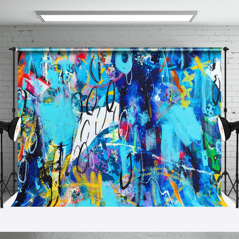 Aperturee - Retro Blue Abstract Graffiti Wall Photo Backdrop