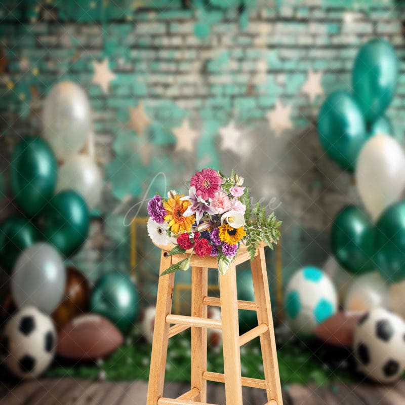 Aperturee - Retro Green Brick Wall Football Cake Smash Backdrop
