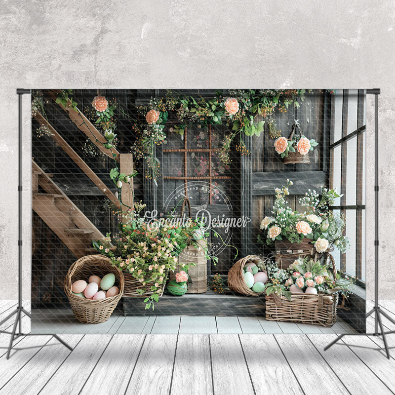 Aperturee - Retro Grey Wooden Staircase Floral Photo Backdrop