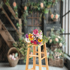 Aperturee - Retro Grey Wooden Staircase Floral Photo Backdrop