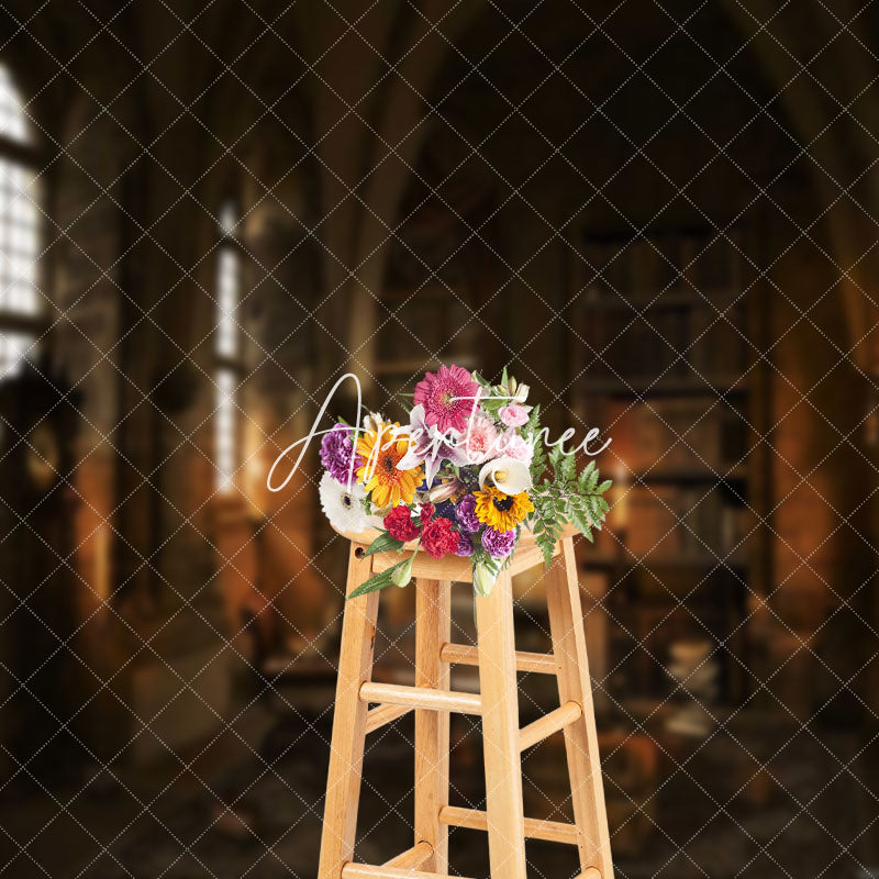 Aperturee - Retro Library Bookcase Owl Cake Smash Photo Backdrop