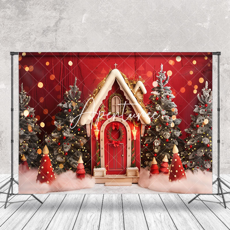 Aperturee - Retro Red Wall Trees Bokeh Christmas Photo Backdrop