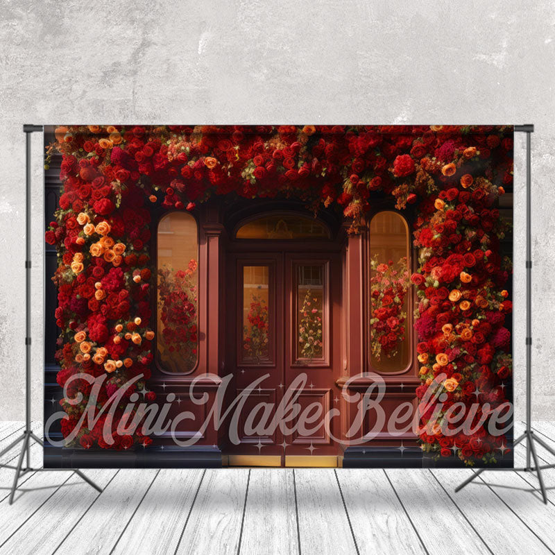 Aperturee - Retro Wooden Door Colorful Roses Floral Backdrop