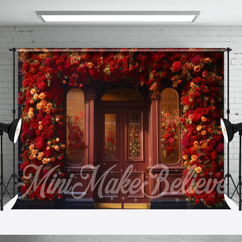 Aperturee - Retro Wooden Door Colorful Roses Floral Backdrop