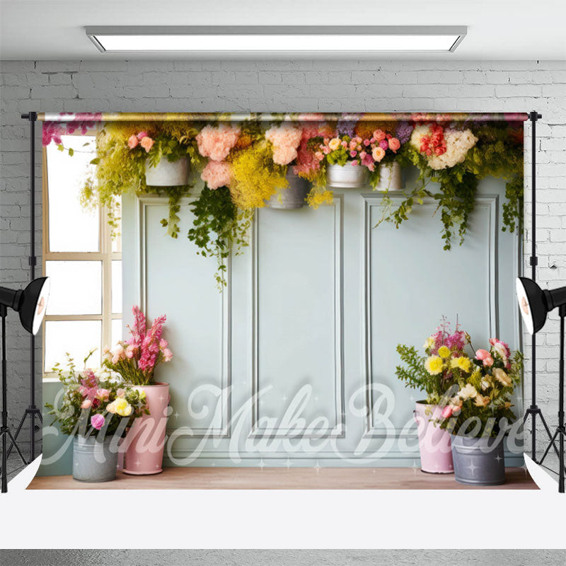 Aperturee - Romantic Colorful Flower Pots Wall Spring Backdrop