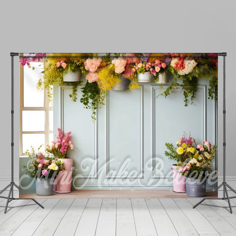 Aperturee - Romantic Colorful Flower Pots Wall Spring Backdrop