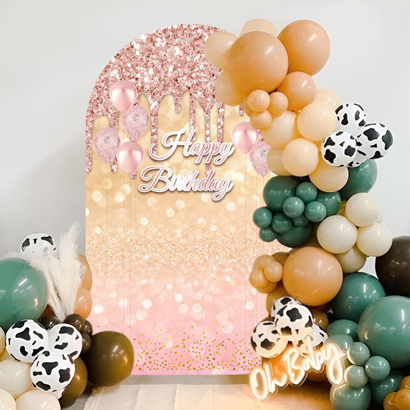 Aperturee - Rose Glod Glitter Bokeh Happy Birthday Arch Backdrop
