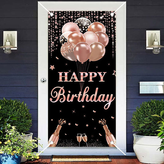 Aperturee - Rose Gold And Black Balloons Birthday Door Cover