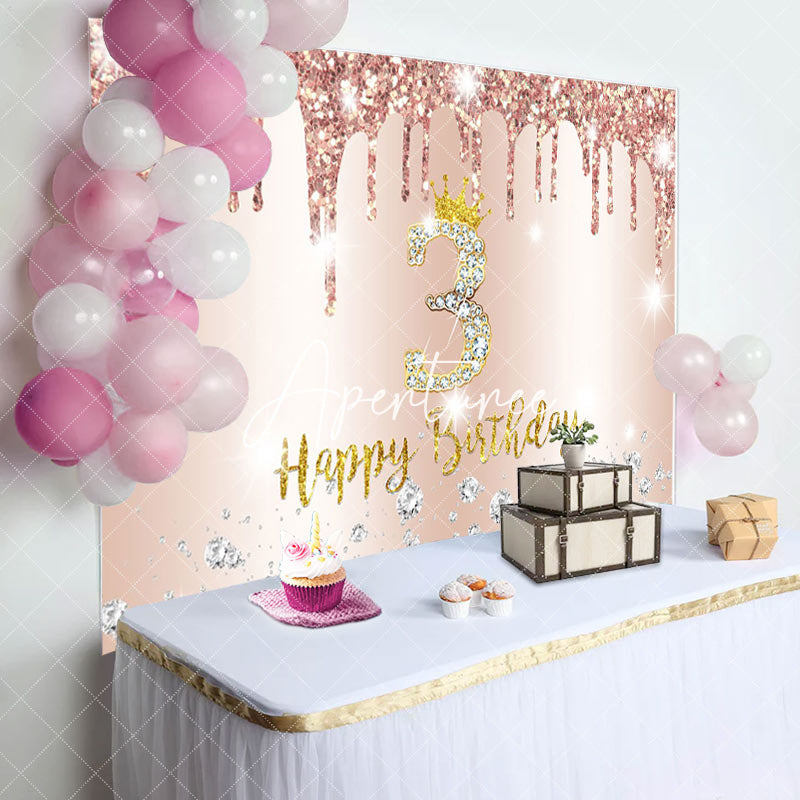 Aperturee - Rose Gold Glitter Diamond 3rd Happy Birthday Backdrop
