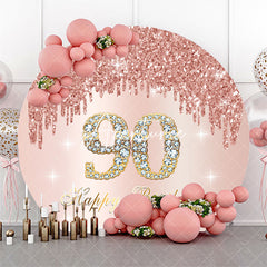 Aperturee - Rose Gold Glitter Round Happy 90th Birthday Backdrop