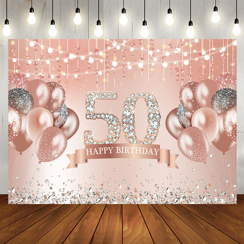 Aperturee - Rose Gold Happy 50th Birthday Glitter Diamonds Balloons Backdrop