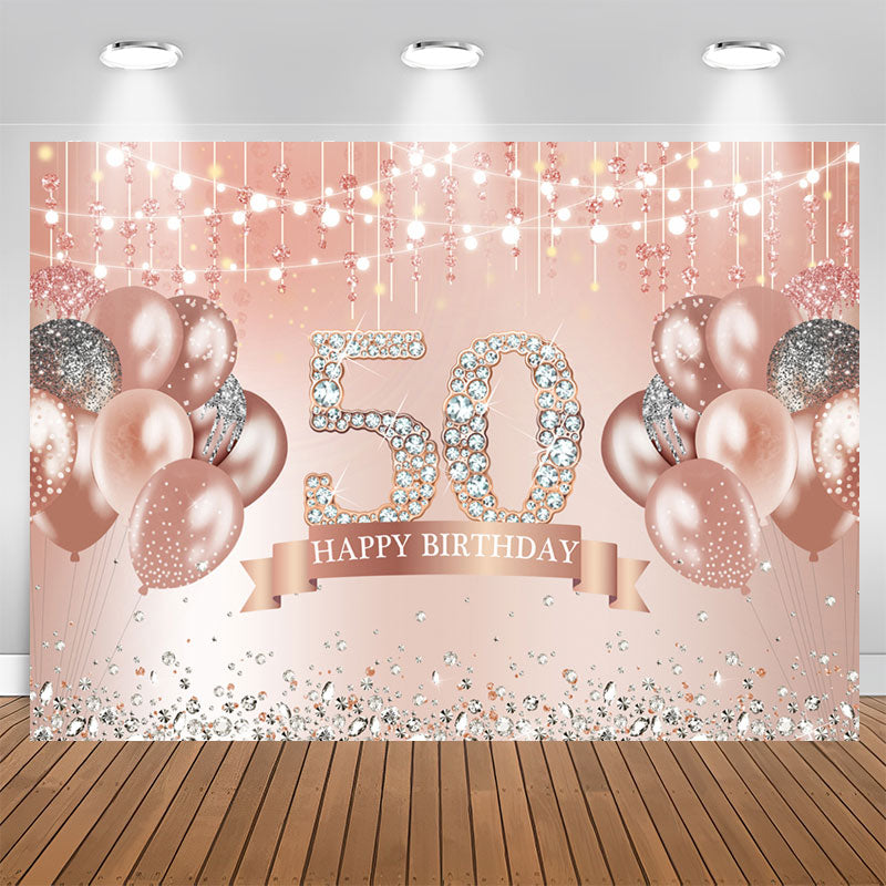Aperturee - Rose Gold Happy 50th Birthday Glitter Diamonds Balloons Backdrop