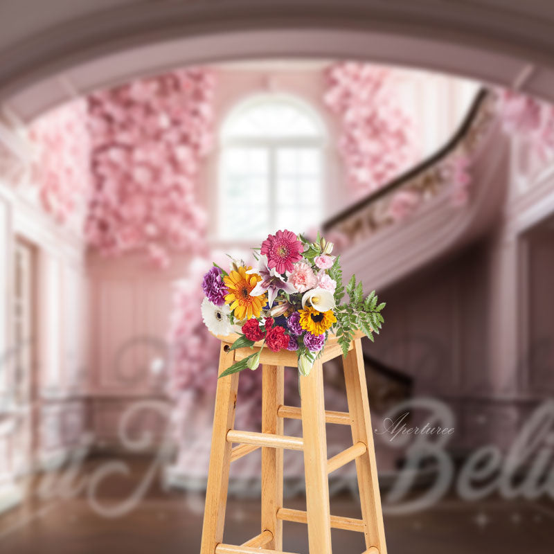 Aperturee - Rose Pink Castle Staircase Architecture Backdrop
