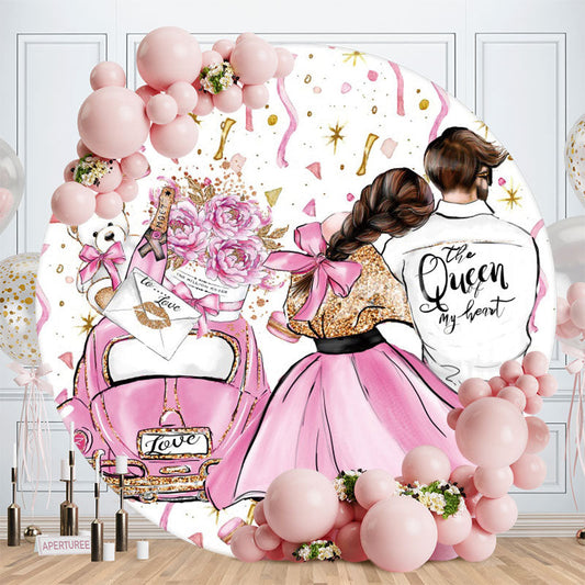 Aperturee - Rose Pink Glitter Girl And Boy Round Wedding Backdrop