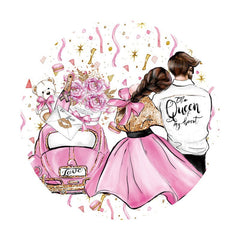 Aperturee - Rose Pink Glitter Girl And Boy Round Wedding Backdrop