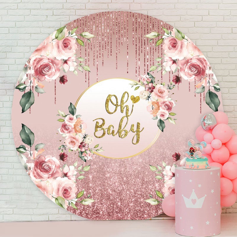 Aperturee - Rose Pink Glitter Gold Oh Baby Round Baby Shower Backdrop