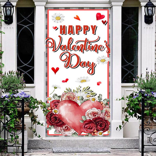 Aperturee - Roses Daisy Plaid Border Valentines Day Door Cover