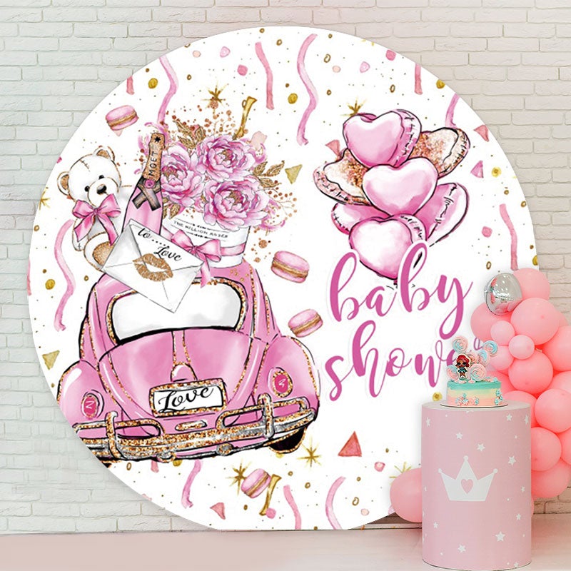 Aperturee - Round Car Flower Bear Pink Baby Shower Backdrop
