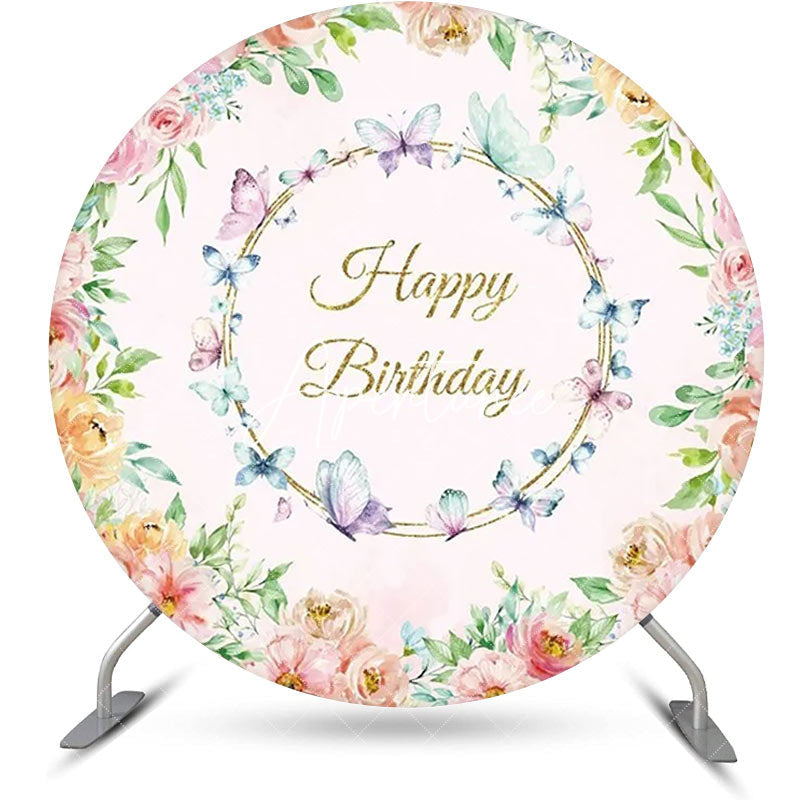 Aperturee - Round Colorful Floral Butterfly Birthday Backdrop