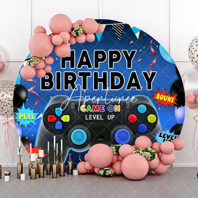 Aperturee - Round Gamepad Balloons Ribbons Blue Birthday Backdrop