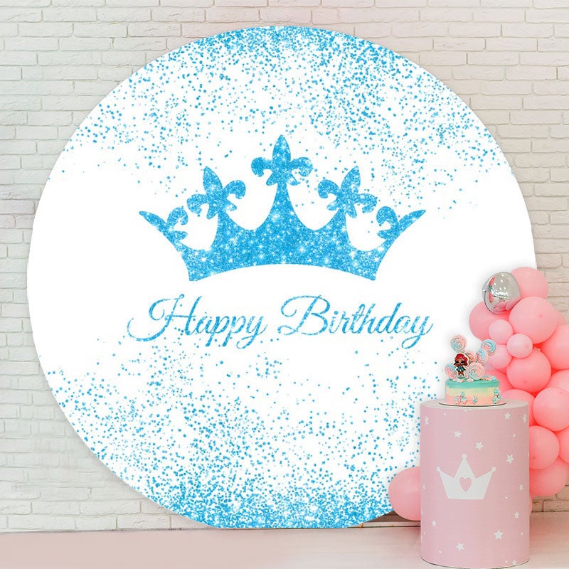Aperturee - Round Glitter Blue Crown Happy Birthday Backdrop For Boy