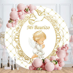 Aperturee - Round Gold Mi Bautizo Baby Shower Backdrop For Party