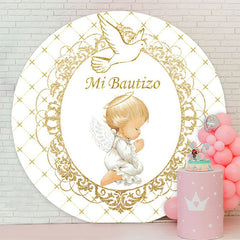 Aperturee - Round Gold Mi Bautizo Baby Shower Backdrop For Party