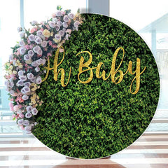 Aperturee - Round Gold Oh Baby Green Leaves Happy Birthday Backdrop