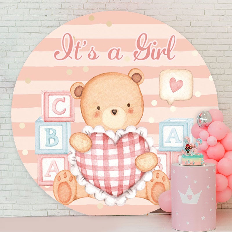 Aperturee - Round Its A Girl Bear Pink Baby Shower Backdrop