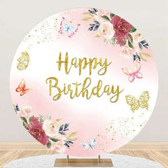 Aperturee - Round Pink Floral Butterfly Gold Birthday Backdrop