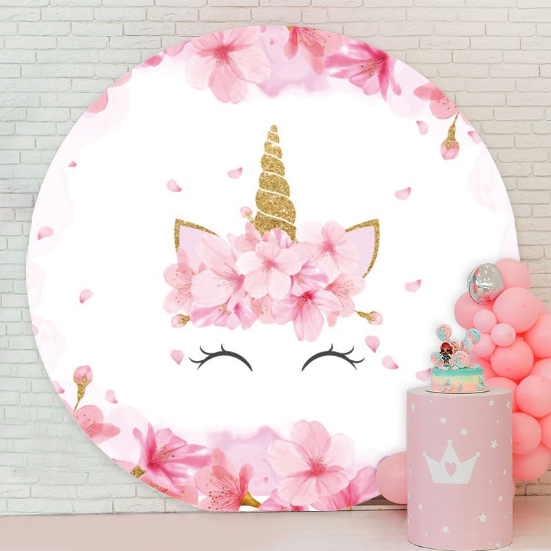 Aperturee - Round Pink Flower Unicorn Baby Shower Backdrop For Girl