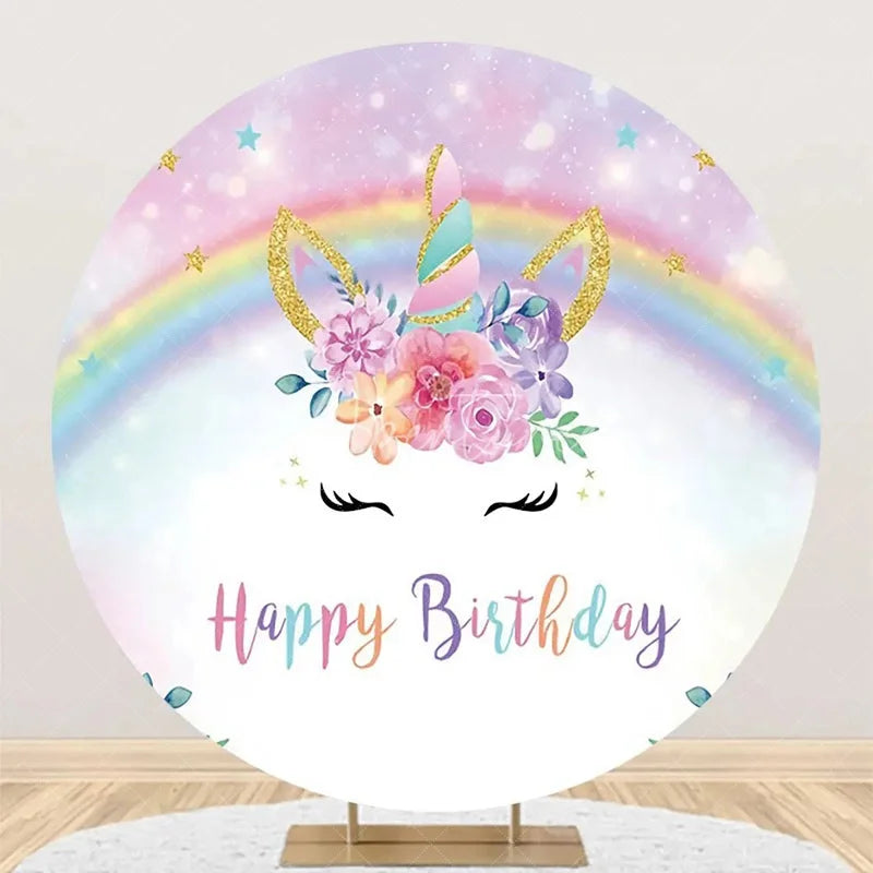 Aperturee - Round Rainbow Unicorn Floral Bokeh Birthday Backdrop