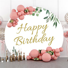 Aperturee Round Simple With Green Leaves Happy Birthday Backdrop