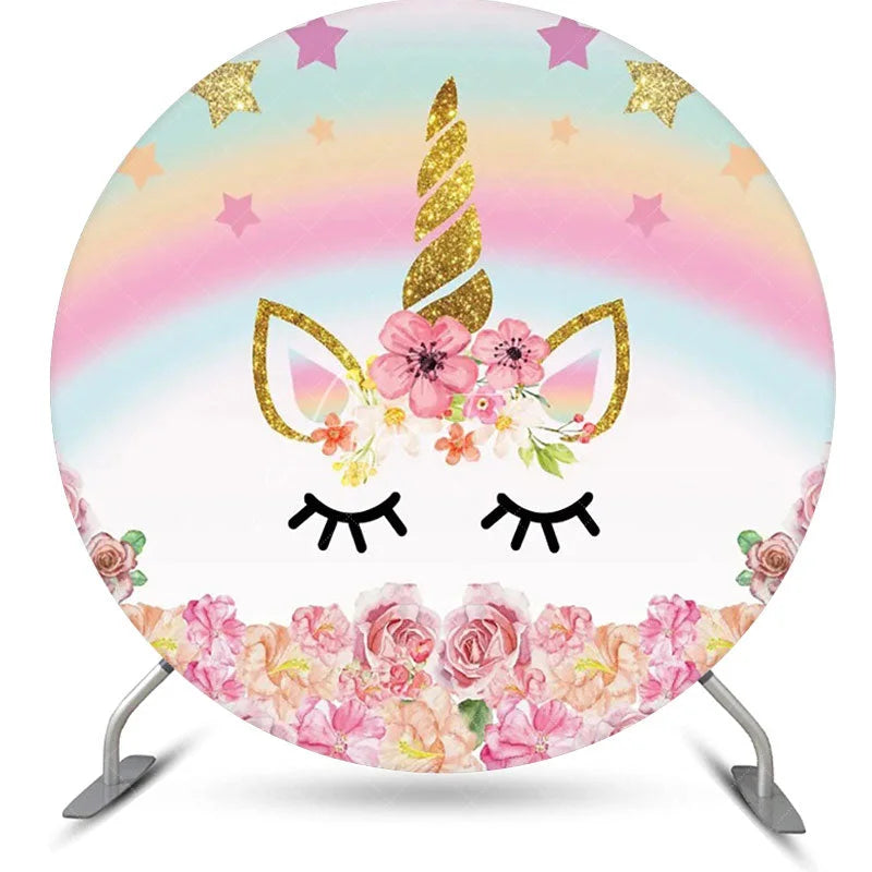 Aperturee - Round Star Rainbow Unicorn Floral Birthday Backdrop
