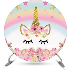 Aperturee - Round Star Rainbow Unicorn Floral Birthday Backdrop