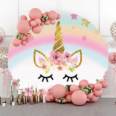 Aperturee - Round Star Rainbow Unicorn Floral Birthday Backdrop