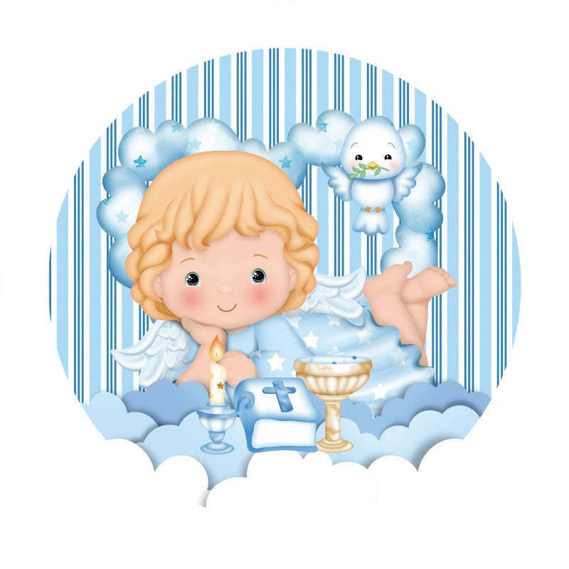 Aperturee - Round Stripe Bird Baby Shower Backdrop For Boy