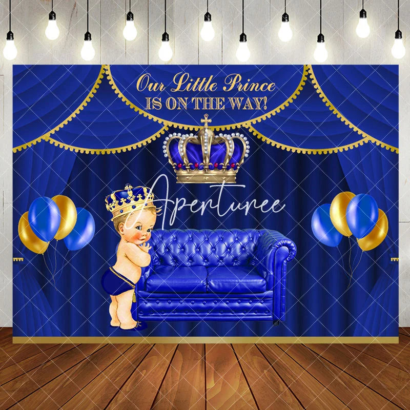 Aperturee - Royal Blue Little Prince Crown Baby Shower Backdrop