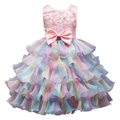 Aperturee - Flower Ruffle Rainbow Tulle Bow Party Kids Dress