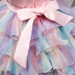 Aperturee - Flower Ruffle Rainbow Tulle Bow Party Kids Dress